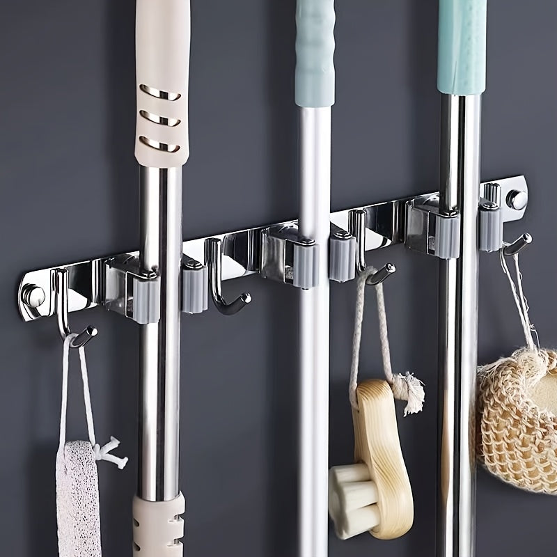 1 Stück robuste, wandmontierte Werkzeugablage aus Edelstahl, Halterung für Mopp und Besen - Geeignet für Haushalt, Küche, Garage, Waschküche, Badezimmer zur Organisation und Aufbewahrung mit Haken