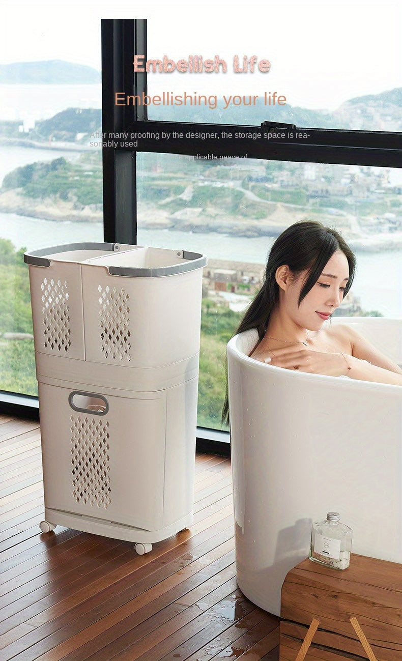 Moderner, ergonomischer Wäschekorb mit Deckel – Robustes Kunststoffdesign, mehrere Fächer für effizientes Sortieren der Wäsche, ideal für Bad und Haushalt, unverzichtbares Utensil für die Waschküche | Moderner Wäschekorb | Robuster Kunststoffkorb