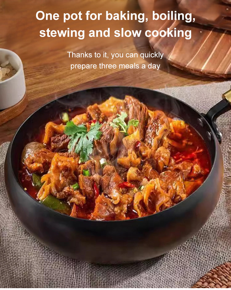 Großer Bauchtopf, vertiefter, antihaftbeschichteter Eisentopf, flacher Boden, unbeschichtet, kleine Bratpfanne, Eisenpfanne mit Deckel, unbeschichtete Bratpfanne, großer Bauch