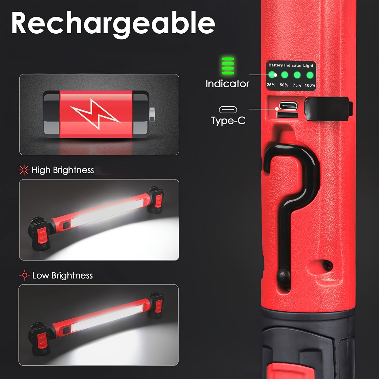 Wiederaufladbare LED-Arbeitsleuchte, 3000 lm, magnetische, kabellose Motorraum-Arbeitsleuchte mit Haken und USB-Stromanschluss, superhelle Taschenlampe für Mechaniker/Werkstatt/Notfall