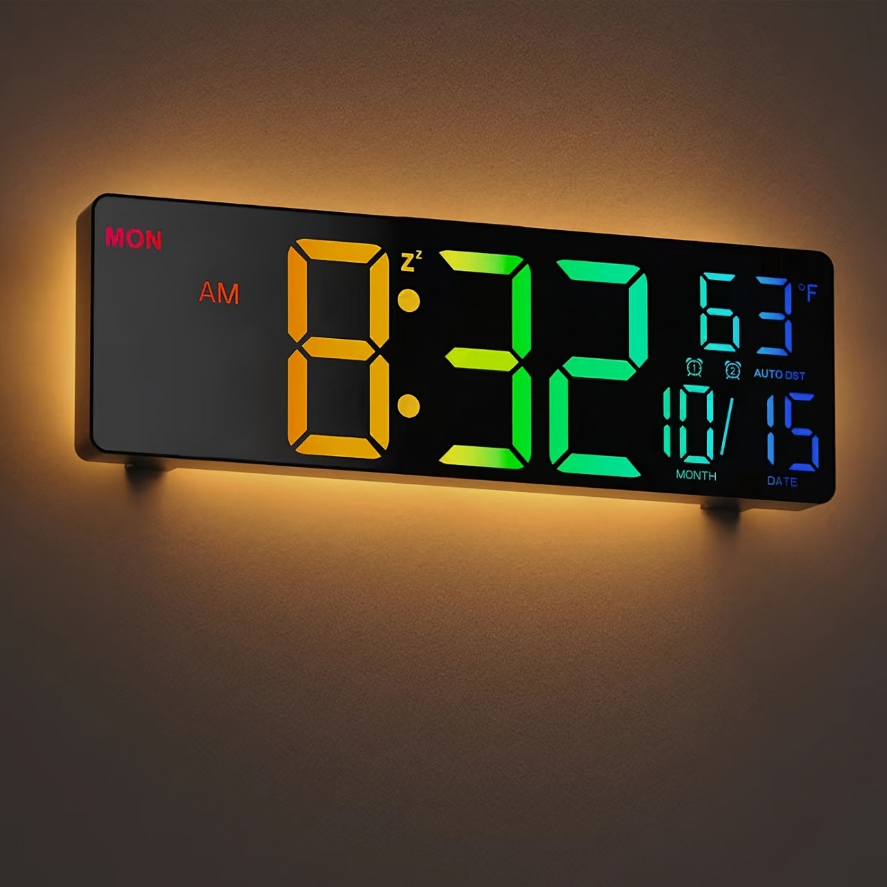 Große digitale Wanduhr (26,67 cm) mit Fernbedienung, Doppelalarm, großem LED-Display, 8 RGB-Farben, automatischer Sommerzeitumstellung und Temperaturanzeige. Ideal für Wohnzimmer, Schlafzimmer und als Dekoration. Auch als Geschenk für Senioren geeignet.
