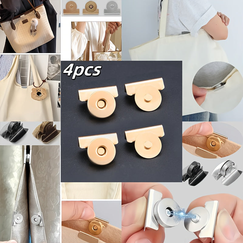 Set mit 4 metallischen Magnetverschlüssen in Schwarz, Gold, Silber und Bronze, ideal für die Verwendung an Taschen, Schachteln, Vorhängen und verschiedenen anderen Gegenständen.