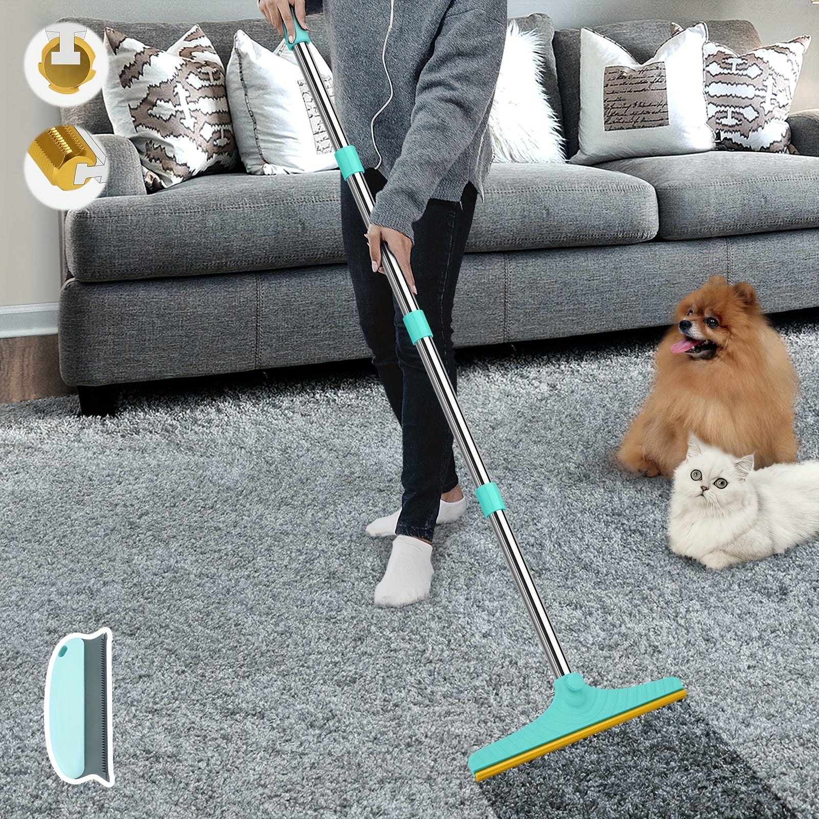 Tierhaarentfernungswerkzeug mit 114,3 cm verstellbarem Griff – Wiederverwendbarer Hunde- und Katzenhaarentferner, ausziehbarer Teppichschaberrechen, batterielos, ideal für Tierbesitzer, Kratzbäume zur Bodenreinigung