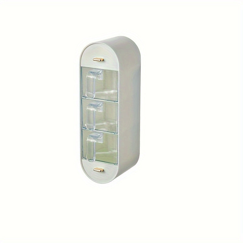 Ein 5-teiliges Gewürzspender-Set für die Küche, mit Fächern für Salz, Glutamat und verschiedene Würzmittel, zur Wandmontage ohne Bohren geeignet, mit einer Aufbewahrungsbox mit mehreren Fächern.