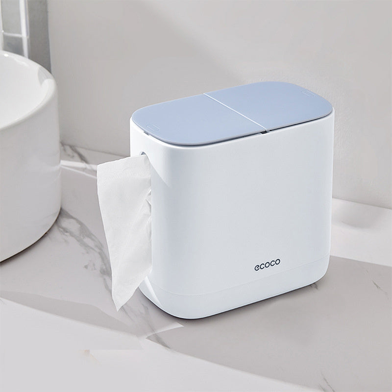 Moderner, weiß-grauer All-in-One-Papierhandtuchhalter und Abfalleimer – platzsparender Tischspender mit hygienischem Ein-Knopf-Deckel, robustes Kunststoffmaterial für Bad und Büro – kompakte Aufbewahrungsbox für Taschentücher