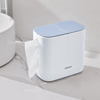 Moderner, weiß-grauer All-in-One-Papierhandtuchhalter und Abfalleimer – platzsparender Tischspender mit hygienischem Ein-Knopf-Deckel, robustes Kunststoffmaterial für Bad und Büro – kompakte Aufbewahrungsbox für Taschentücher