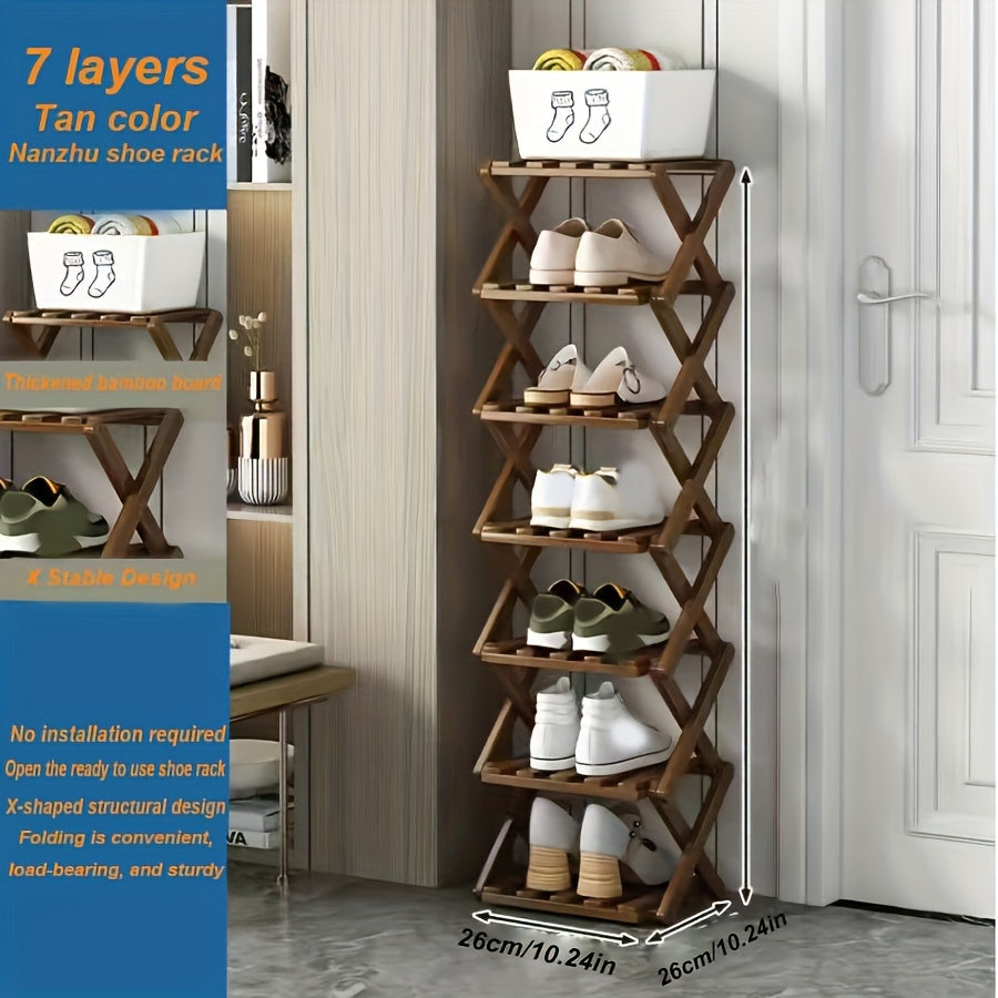 Adjustable & Foldable Bamboo Shoe Rack - Space-Saving 3-9 Tier Shoe Organizer for Small Spaces, No-Install Expandable Design for Home & Office, Natural Wood Finish, Shoe Storage Organizer