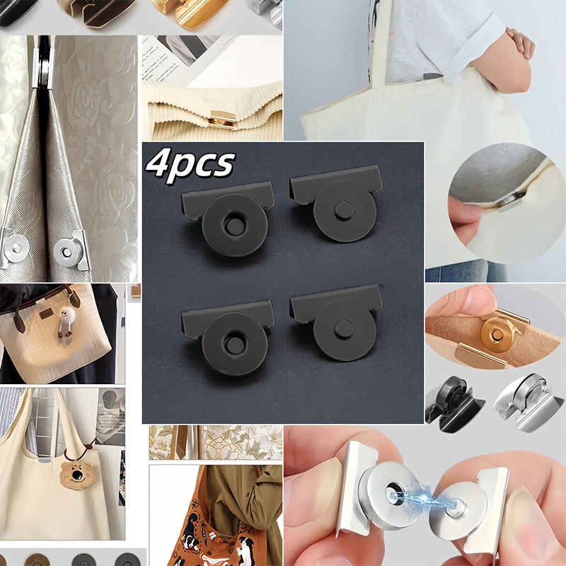 Set mit 4 metallischen Magnetverschlüssen in Schwarz, Gold, Silber und Bronze, ideal für die Verwendung an Taschen, Schachteln, Vorhängen und verschiedenen anderen Gegenständen.