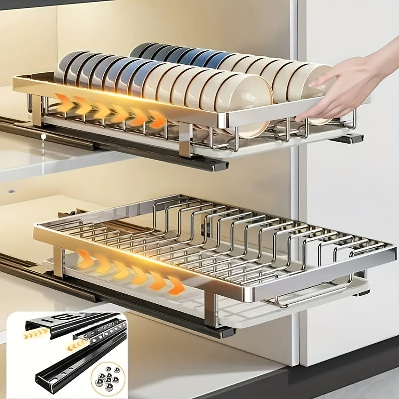 Kompakter Abtropfständer aus Edelstahl für die Küchenarbeitsplatte – platzsparender Auszieh-Organizer mit Fächern in verschiedenen Größen für Teller, Schüsseln und Besteck, robustes Metalldesign für moderne Küchen, Küchenorganisation und Aufbewahrung.