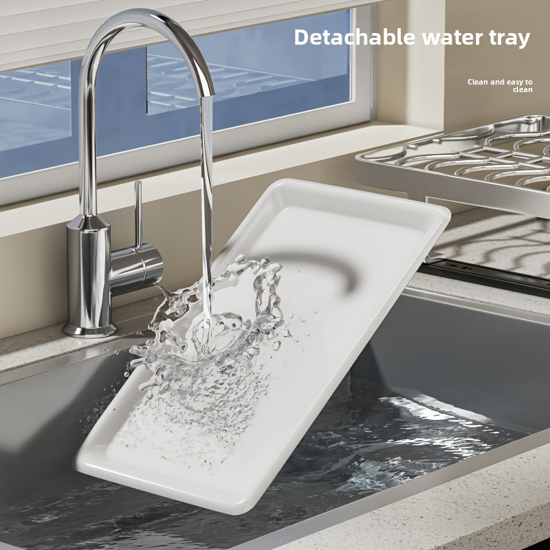 Ausziehbarer Geschirrständer, versenkbarer Abtropfkorb für Geschirr, Tassen und Gläser. Hergestellt aus rostfreiem Kohlenstoffstahl mit verstellbarer Abtropfschale. Ideal zur Aufbewahrung von Geschirr, ein unverzichtbares Küchenutensil.