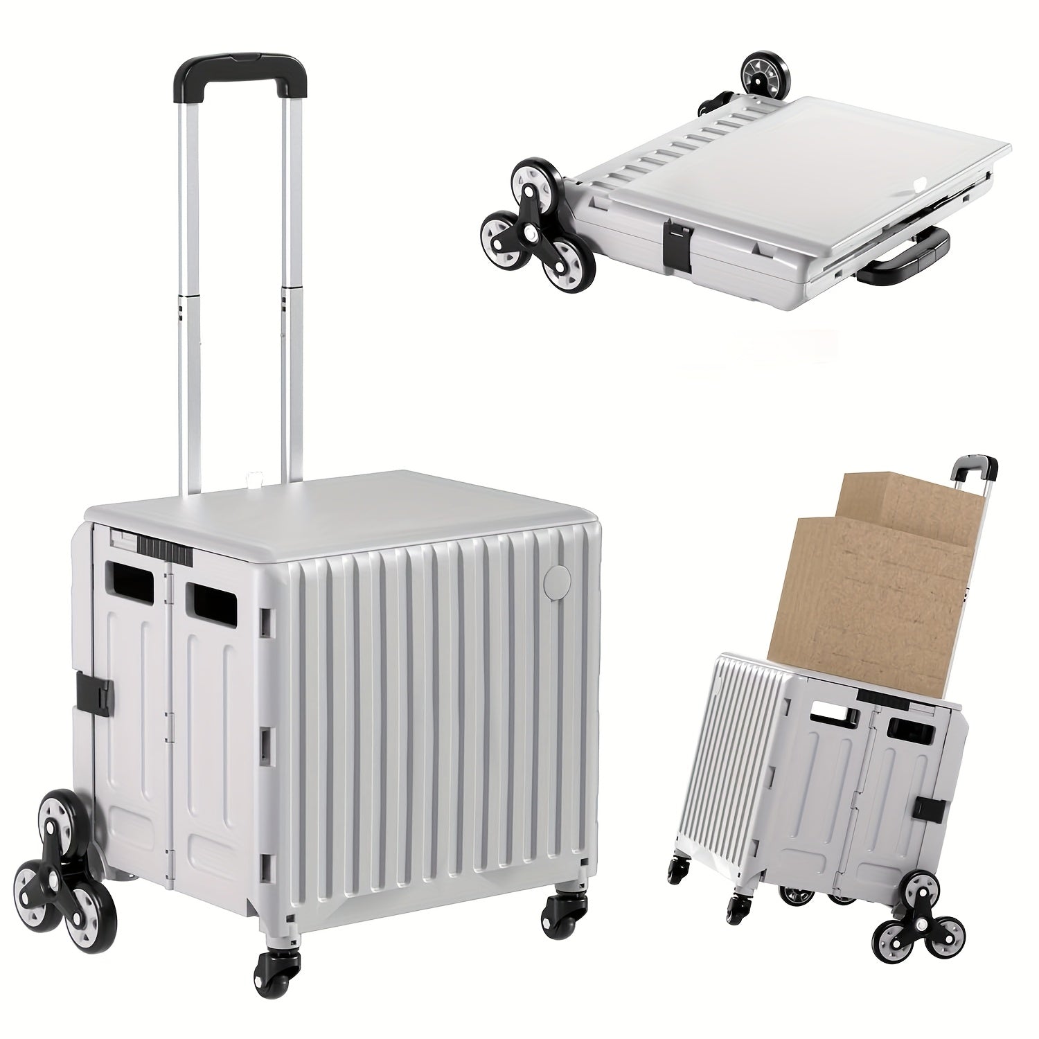 Foldable Utility Cart with Stair-Climbing Wheels, Collapsible Rolling Crate with Telescopic Handle & 360° Spinner Wheels - Durable Plastic Multi-Purpose Hand Truck for Teachers, Shopping, Moving, Storage, Moving Essentials C