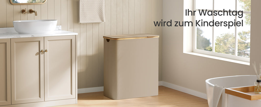 SONGMICS Wäschekorb mit Deckel,Wäschesammler mit 3 Fächern,150 L,herausnehmbarer Wäschesack,Griffe aus Bambus,zusammenklappbar