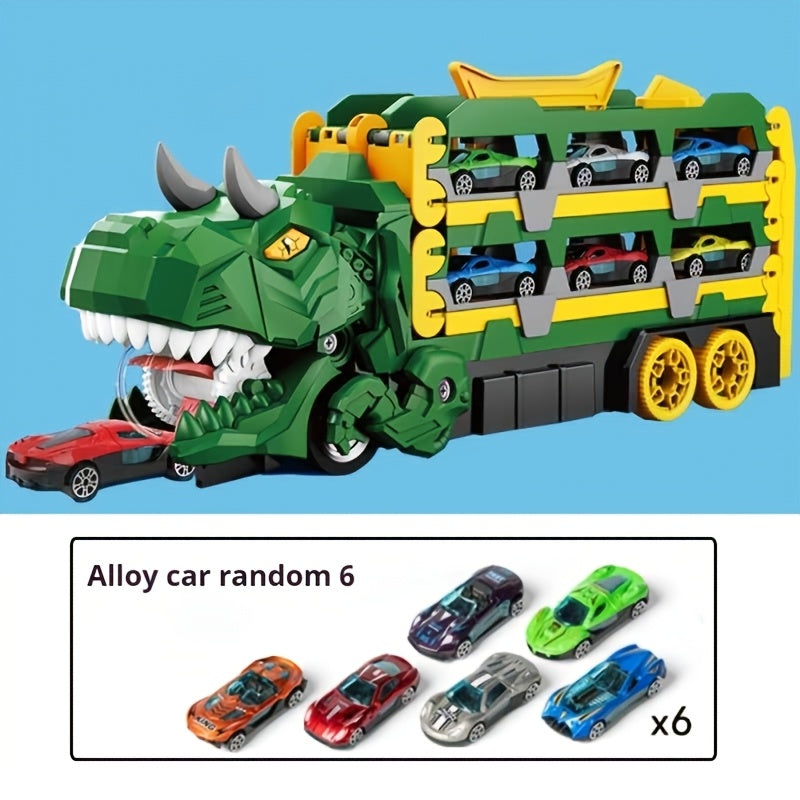 Dreiteiliger Dinosaurier-Spielzeuglaster – Sechs Miniatur-Automodelle aus Metalllegierung, interaktive Eltern-Kind-Spiele, ausziehbar zu einer Rennstrecke, perfektes Geschenk für Jungen- und Mädchengeburtstage