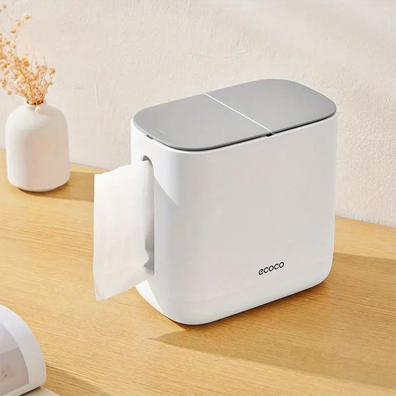 Moderner, weiß-grauer All-in-One-Papierhandtuchhalter und Abfalleimer – platzsparender Tischspender mit hygienischem Ein-Knopf-Deckel, robustes Kunststoffmaterial für Bad und Büro – kompakte Aufbewahrungsbox für Taschentücher