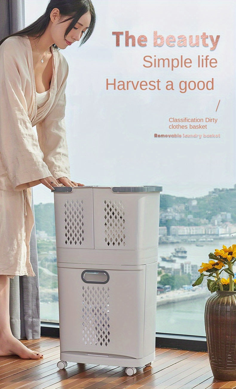 Moderner, ergonomischer Wäschekorb mit Deckel – Robustes Kunststoffdesign, mehrere Fächer für effizientes Sortieren der Wäsche, ideal für Bad und Haushalt, unverzichtbares Utensil für die Waschküche | Moderner Wäschekorb | Robuster Kunststoffkorb