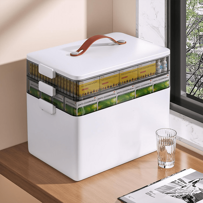 1 Stück / Große, tragbare Erste-Hilfe-Aufbewahrungsbox mit 3 Fächern, mehrlagiger Organizer für medizinisches Set mit Griff und Deckel, herausnehmbare Fächer, 34 x 22 x 25,5 cm