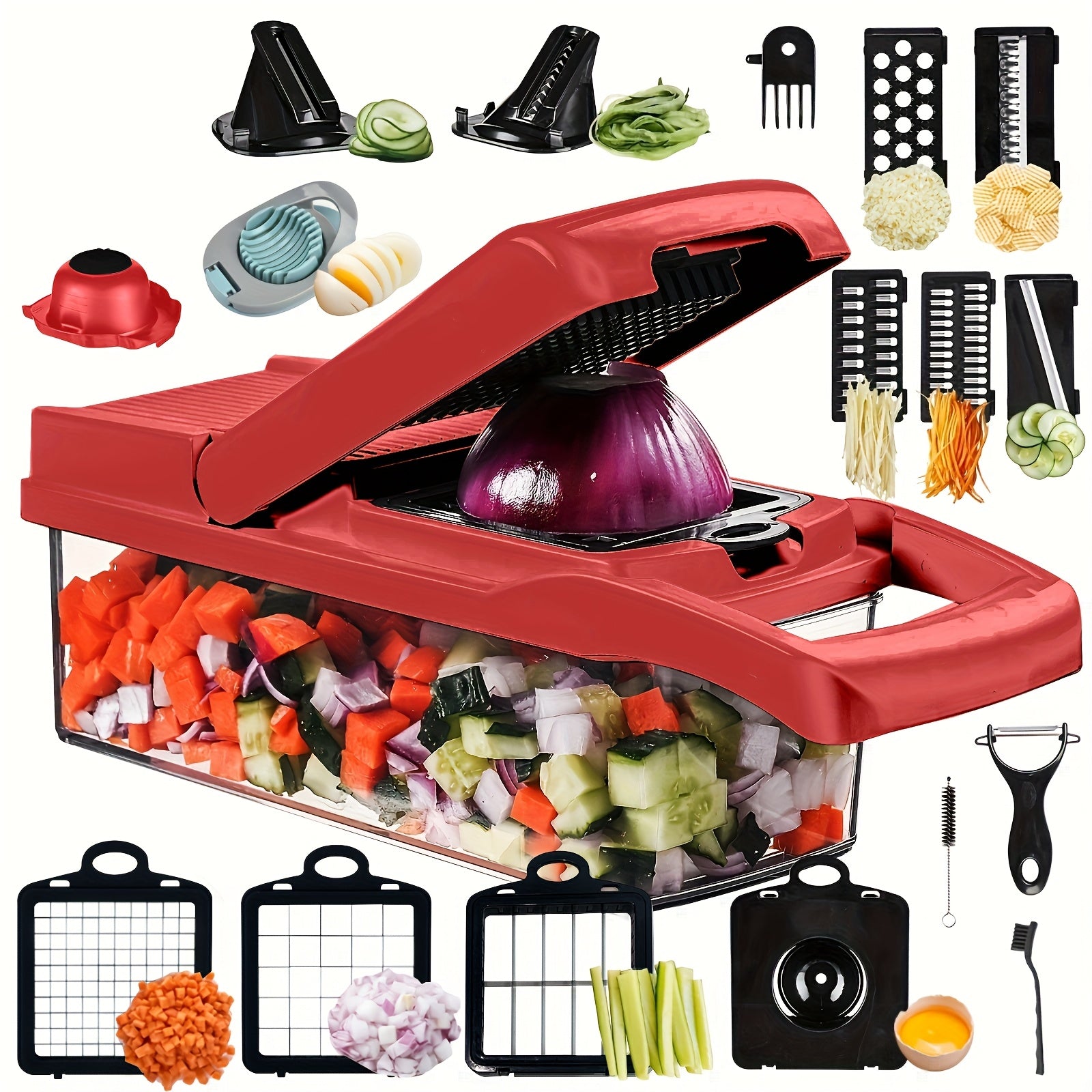 24-in-1 Multifunktions-Gemüseschneider: Gemüsehobel, Zwiebelschneider, Zerkleinerer, Zerkleinerer für 7 Gemüsesorten, Tomatenschneider, Kartoffel- und Knoblauchschneider mit Abtropfkorb, Eierschneider