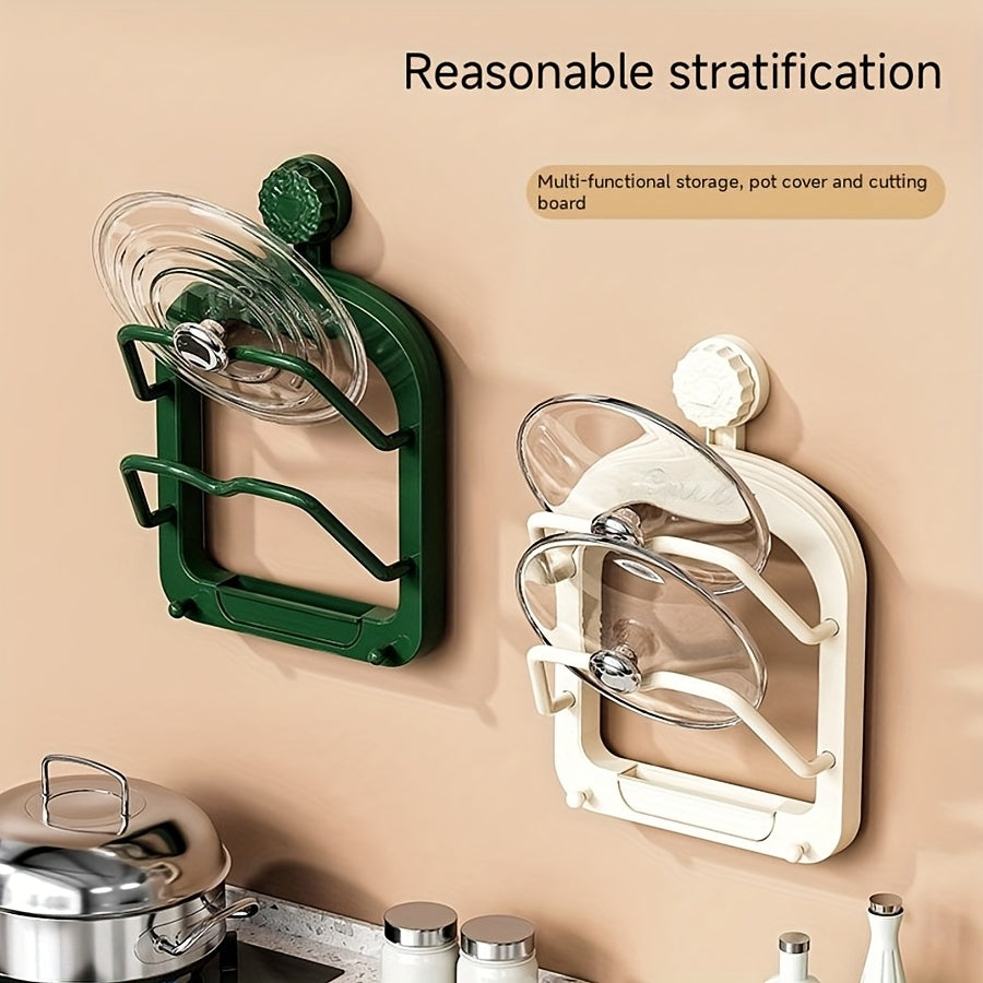 1 Stück Küchenschrank-Aufbewahrungsregal ohne Bohren – Multifunktionaler Organizer mit zwei Topfdeckelhaltern, Saugnapf-Wandbefestigung, einfache Installation, platzsparendes Design für Küche und Esszimmer, praktisches Hängeregal, Küchenorganizer