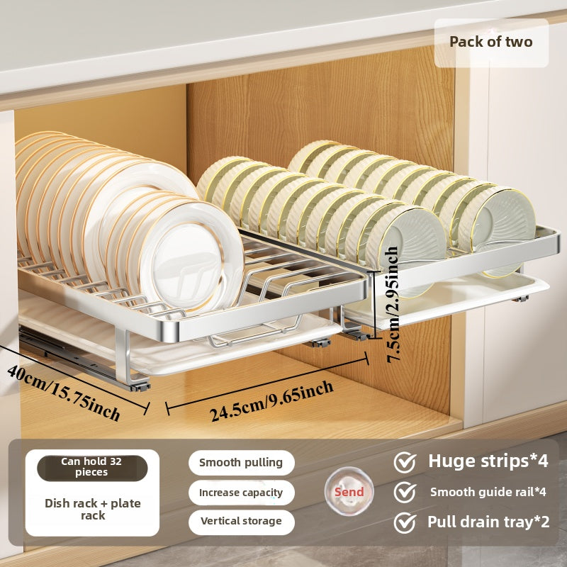 Ausziehbarer Geschirrständer, versenkbarer Abtropfkorb für Geschirr, Tassen und Gläser. Hergestellt aus rostfreiem Kohlenstoffstahl mit verstellbarer Abtropfschale. Ideal zur Aufbewahrung von Geschirr, ein unverzichtbares Küchenutensil.