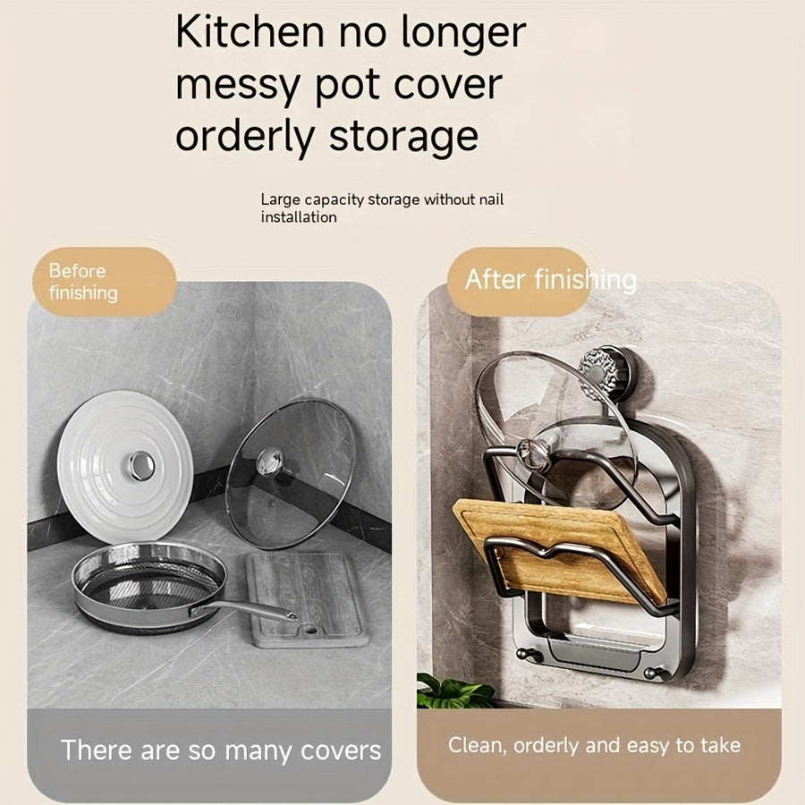 1 Stück Küchenschrank-Aufbewahrungsregal ohne Bohren – Multifunktionaler Organizer mit zwei Topfdeckelhaltern, Saugnapf-Wandbefestigung, einfache Installation, platzsparendes Design für Küche und Esszimmer, praktisches Hängeregal, Küchenorganizer