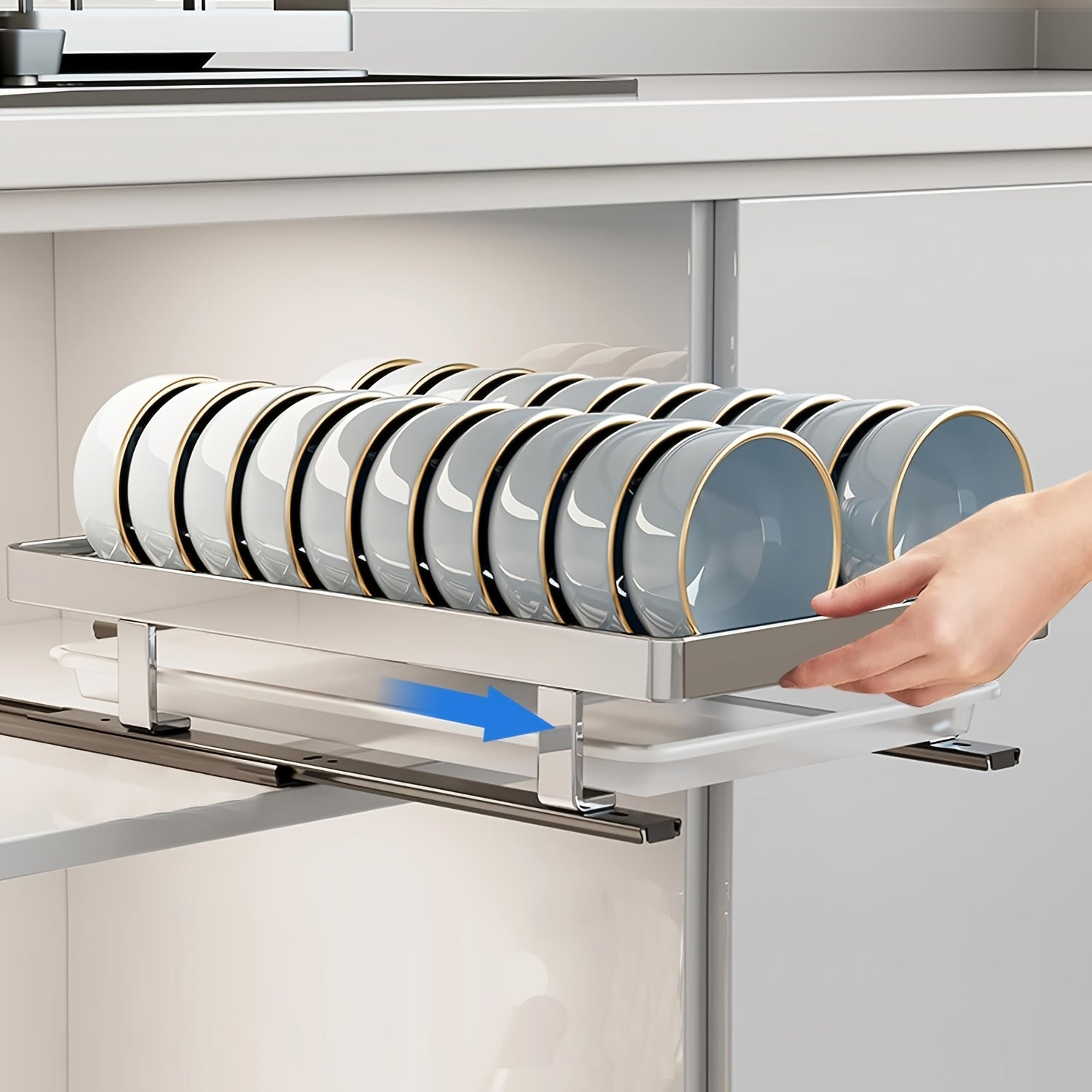 Kompakter Abtropfständer aus Edelstahl für die Küchenarbeitsplatte – platzsparender Auszieh-Organizer mit Fächern in verschiedenen Größen für Teller, Schüsseln und Besteck, robustes Metalldesign für moderne Küchen, Küchenorganisation und Aufbewahrung.