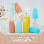 12 Stück Reiseflaschenhüllen, auslaufsichere elastische Hüllen, Silikon-Reisebehälter-Toilettenartikelhüllen, auslaufsicheres Reisezubehör mit Verschluss, geeignet für Shampoo-, Spülungs- und Waschflaschen, Reise-Toilettenartikelflaschen