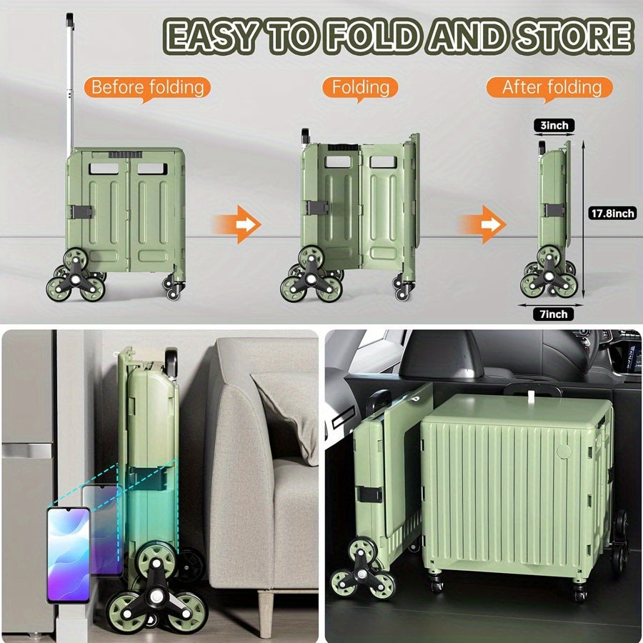 Heavy-Duty Foldable Utility Cart with 4 Rotating Wheels & Telescoping Handle - Collapsible Portable Rolling Crate Handcart, Durable Plastic/Metal Construction for Travel, Shopping, Office, Teachers, Luggage Storage, Office Or