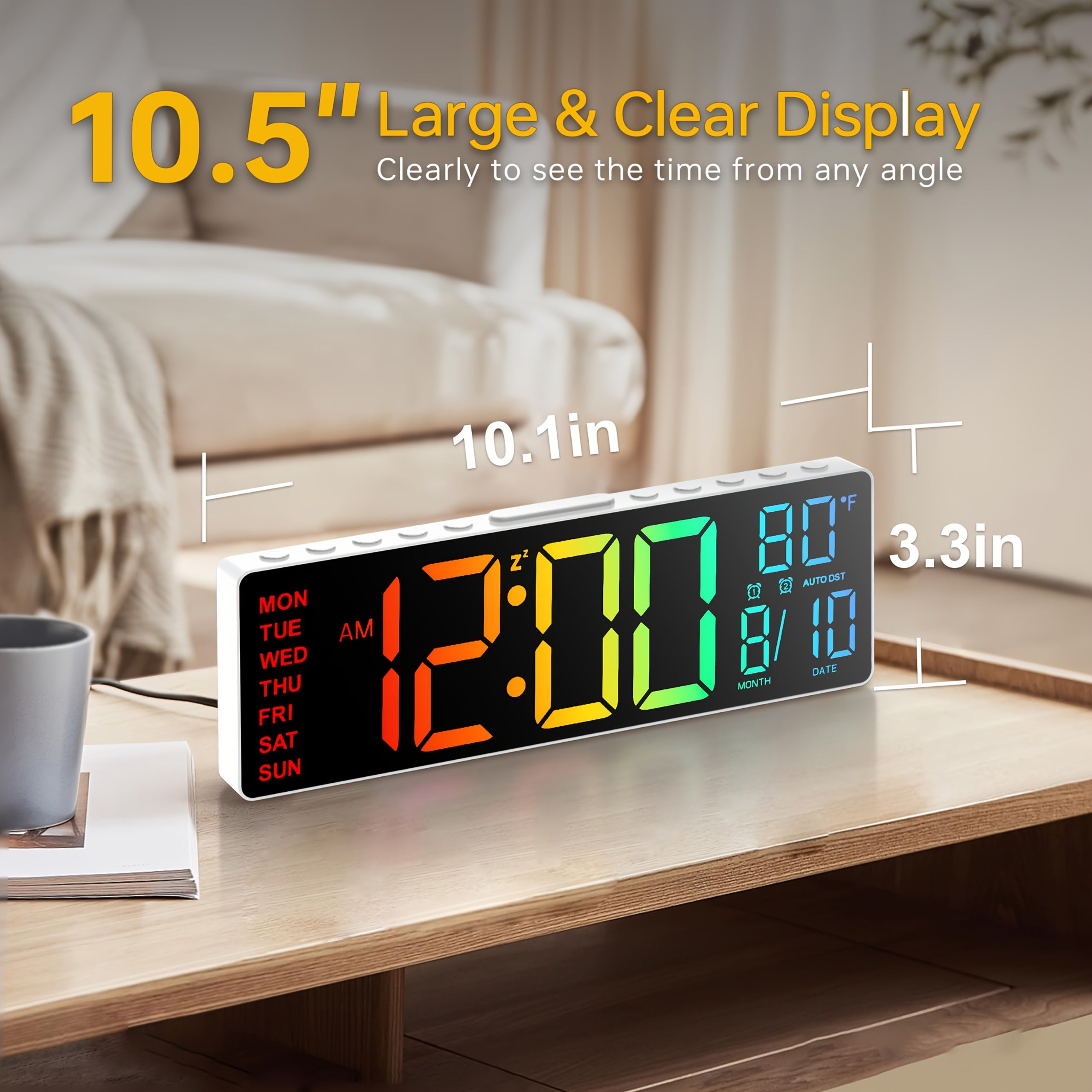 Große digitale Wanduhr (26,67 cm) mit Fernbedienung, Doppelalarm, großem LED-Display, 8 RGB-Farben, automatischer Sommerzeitumstellung und Temperaturanzeige. Ideal für Wohnzimmer, Schlafzimmer und als Dekoration. Auch als Geschenk für Senioren geeignet.