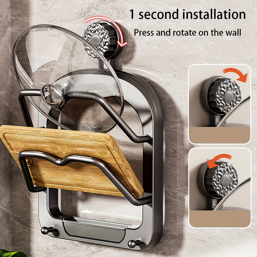 1 Stück Küchenschrank-Aufbewahrungsregal ohne Bohren – Multifunktionaler Organizer mit zwei Topfdeckelhaltern, Saugnapf-Wandbefestigung, einfache Installation, platzsparendes Design für Küche und Esszimmer, praktisches Hängeregal, Küchenorganizer