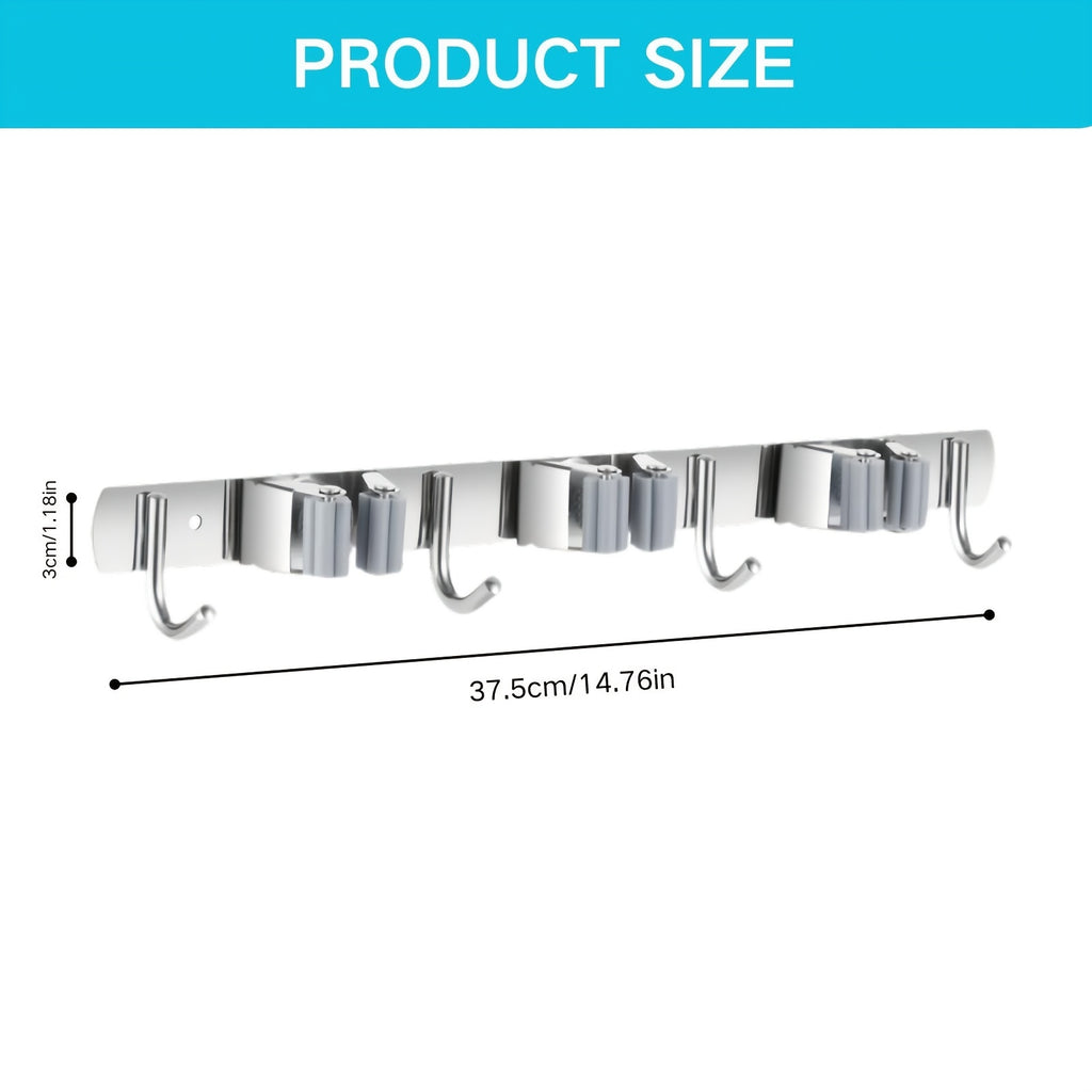 1 Stück robuste, wandmontierte Werkzeugablage aus Edelstahl, Halterung für Mopp und Besen - Geeignet für Haushalt, Küche, Garage, Waschküche, Badezimmer zur Organisation und Aufbewahrung mit Haken