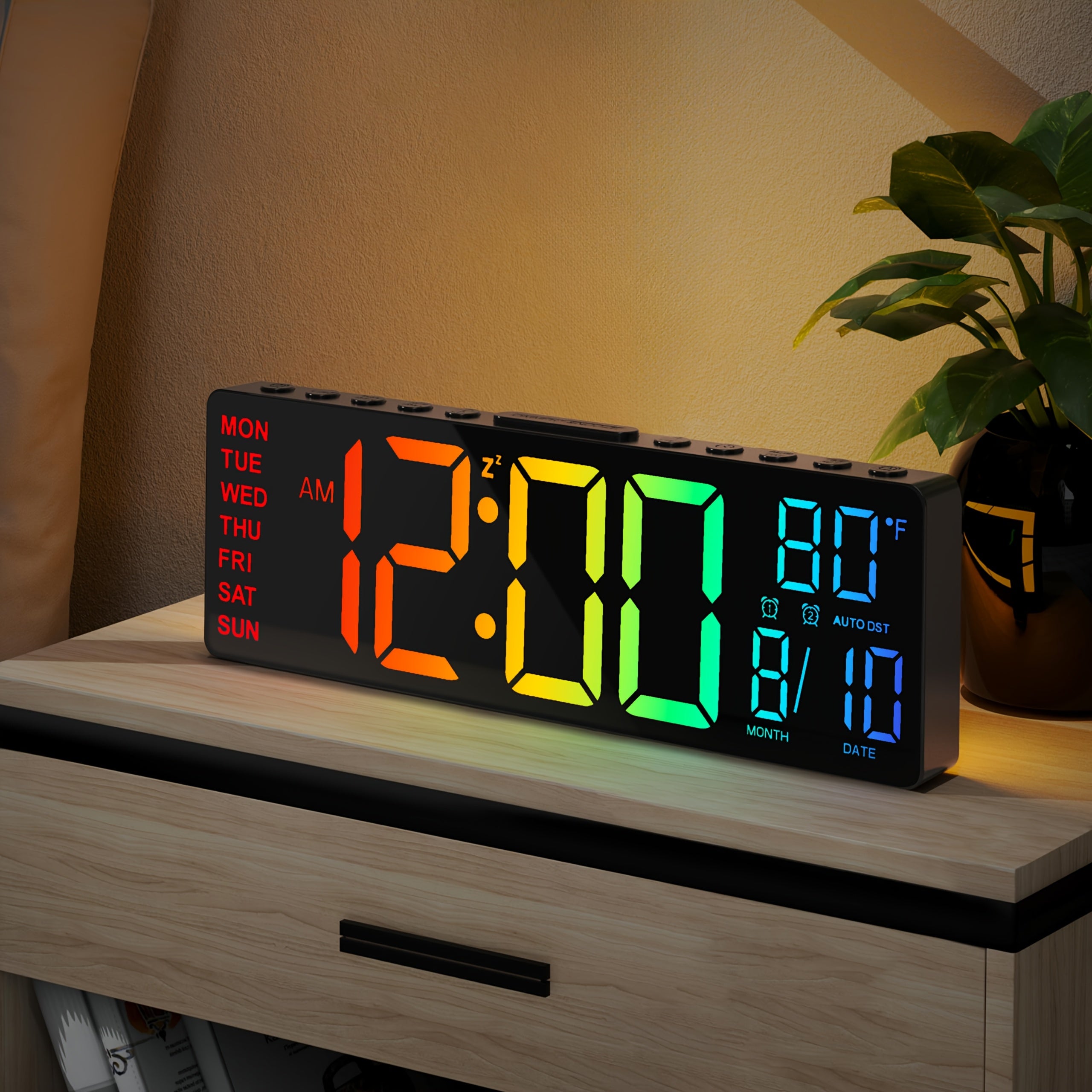 Große digitale Wanduhr (26,67 cm) mit Fernbedienung, Doppelalarm, großem LED-Display, 8 RGB-Farben, automatischer Sommerzeitumstellung und Temperaturanzeige. Ideal für Wohnzimmer, Schlafzimmer und als Dekoration. Auch als Geschenk für Senioren geeignet.