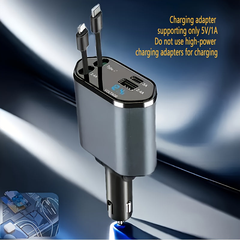 4-in-1-Autoladegerät mit 180°-Drehstecker | Unterstützt PD, QC3.0, USB und Typ-C, kompatibel mit iPhone 15/14/13 und Samsung Galaxy, Betriebsspannung ≤ 36 V, ohne Batterie, geeignet für die Verwendung im Auto