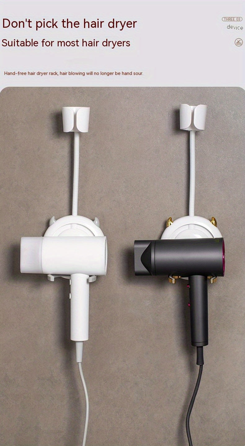 1 Stück universelle, spurlose Wandhalterung für Haartrockner, Haartrocknerhalterung für Badezimmer ohne Bohren, 360° verstellbarer, freihändiger Haartrocknerhalter aus Kunststoff, Badezimmerzubehör