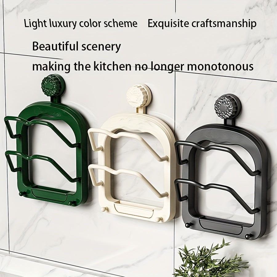 1 Stück Küchenschrank-Aufbewahrungsregal ohne Bohren – Multifunktionaler Organizer mit zwei Topfdeckelhaltern, Saugnapf-Wandbefestigung, einfache Installation, platzsparendes Design für Küche und Esszimmer, praktisches Hängeregal, Küchenorganizer