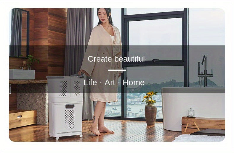 Moderner, ergonomischer Wäschekorb mit Deckel – Robustes Kunststoffdesign, mehrere Fächer für effizientes Sortieren der Wäsche, ideal für Bad und Haushalt, unverzichtbares Utensil für die Waschküche | Moderner Wäschekorb | Robuster Kunststoffkorb