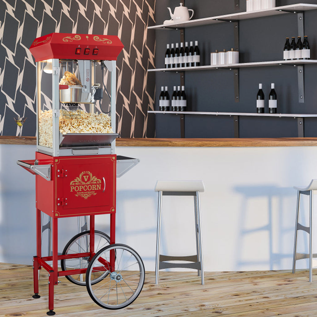 VEVOR Popcornmaschine mit Wagen, 850 W, 8 oz (ca. 227 g), 48 Tassen, Rot