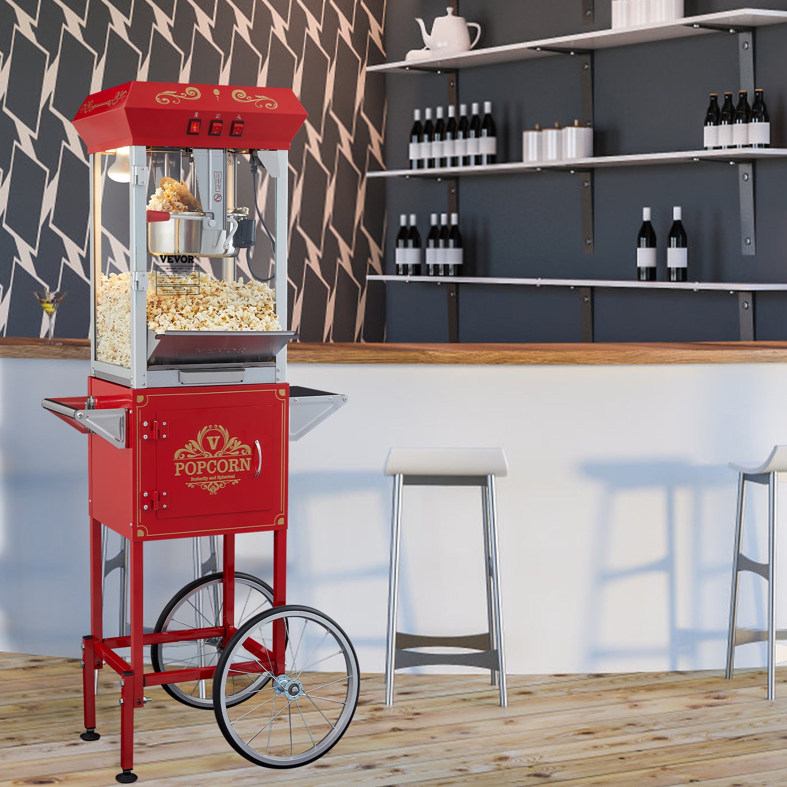 VEVOR Popcornmaschine mit Wagen, 850 W, 8 oz (ca. 227 g), 48 Tassen, Rot