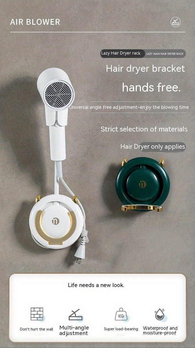 1 Stück universelle, spurlose Wandhalterung für Haartrockner, Haartrocknerhalterung für Badezimmer ohne Bohren, 360° verstellbarer, freihändiger Haartrocknerhalter aus Kunststoff, Badezimmerzubehör