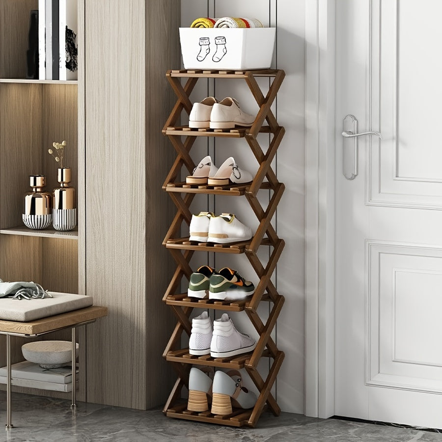 Adjustable & Foldable Bamboo Shoe Rack - Space-Saving 3-9 Tier Shoe Organizer for Small Spaces, No-Install Expandable Design for Home & Office, Natural Wood Finish, Shoe Storage Organizer