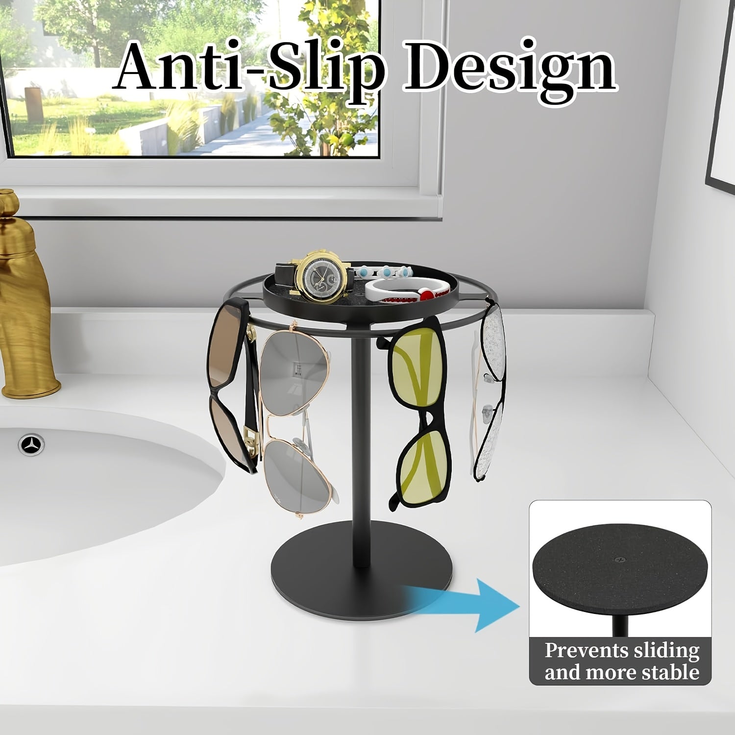 3-teiliges, vormontiertes Aufbewahrungsregal für 10 Brillen und Schmuck – Gold/Schwarz, geeignet für Brillen bis 8,89 cm Durchmesser, platzsparendng Organizer with Hooks, Tool-Free Assembly, Ideal for Home & Retail Use, Glasses Hanging Rack, Jewelry Or