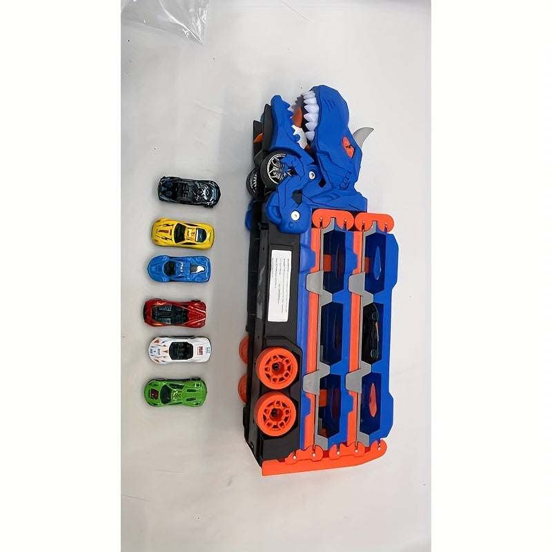 Dreiteiliger Dinosaurier-Spielzeuglaster – Sechs Miniatur-Automodelle aus Metalllegierung, interaktive Eltern-Kind-Spiele, ausziehbar zu einer Rennstrecke, perfektes Geschenk für Jungen- und Mädchengeburtstage