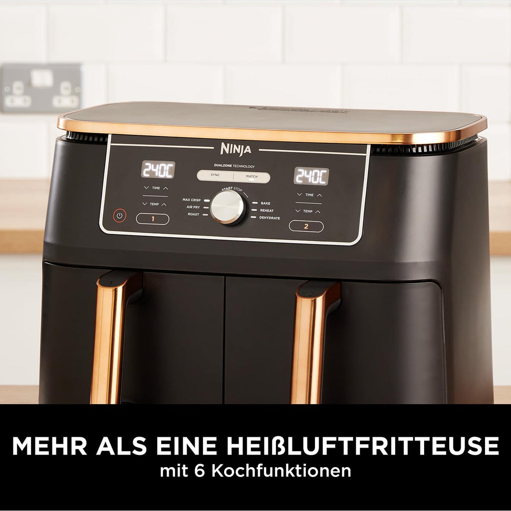 Ninja Dual Zone Digital Air Fryer, 2 Schubladen, 6-in-1, Heißluftfritteuse, 9,5 l, Heißluftfritteuse, Max Crisp, Braten, Backen, Aufwärmen, spülmaschinenfeste Körbe, Stein/Gold DZ400EUSTGD