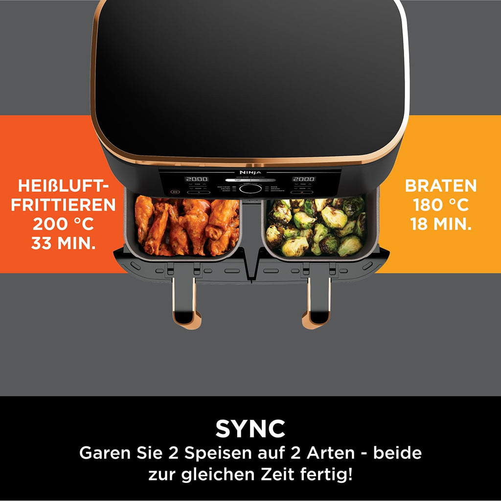 Ninja Dual Zone Digital Air Fryer, 2 Schubladen, 6-in-1, Heißluftfritteuse, 9,5 l, Heißluftfritteuse, Max Crisp, Braten, Backen, Aufwärmen, spülmaschinenfeste Körbe, Stein/Gold DZ400EUSTGD