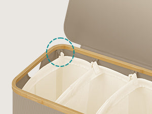 SONGMICS Wäschekorb mit Deckel,Wäschesammler mit 3 Fächern,150 L,herausnehmbarer Wäschesack,Griffe aus Bambus,zusammenklappbar