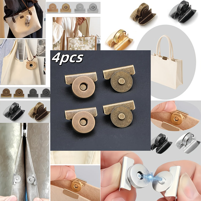 Set mit 4 metallischen Magnetverschlüssen in Schwarz, Gold, Silber und Bronze, ideal für die Verwendung an Taschen, Schachteln, Vorhängen und verschiedenen anderen Gegenständen.