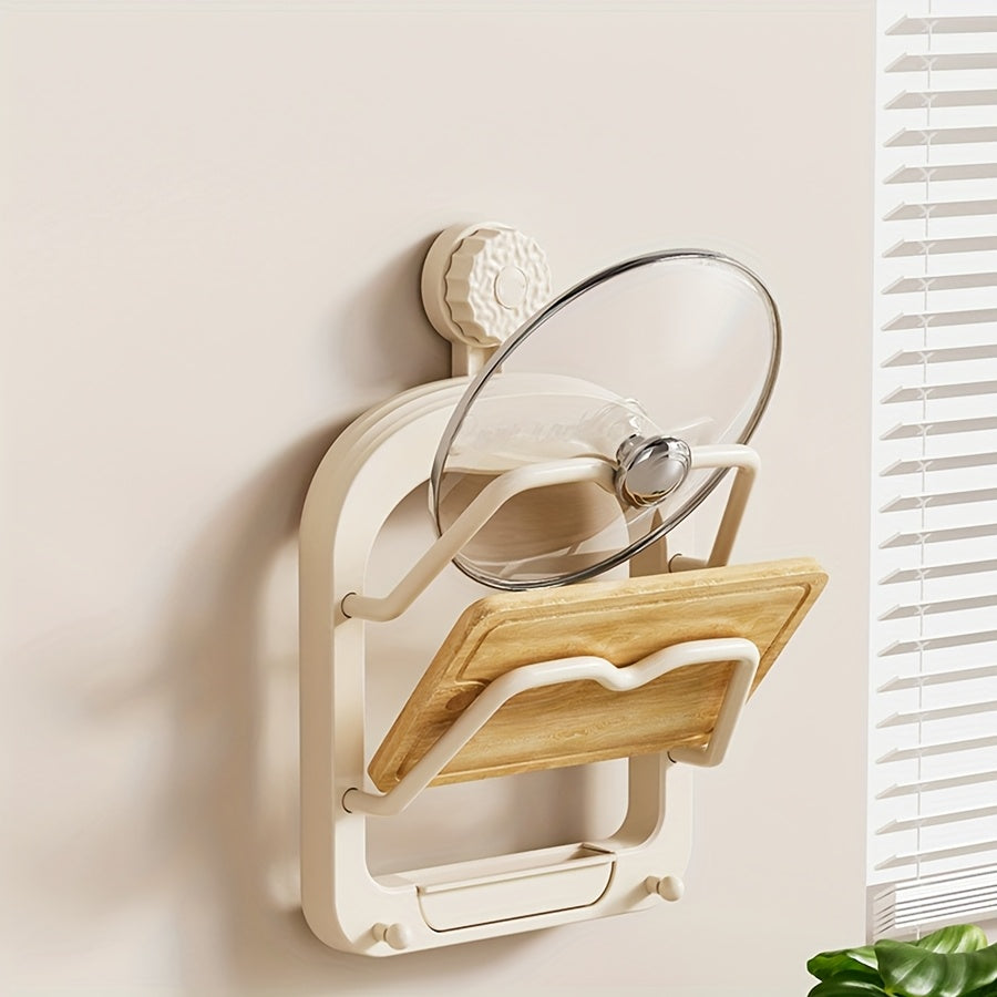 1 Stück Küchenschrank-Aufbewahrungsregal ohne Bohren – Multifunktionaler Organizer mit zwei Topfdeckelhaltern, Saugnapf-Wandbefestigung, einfache Installation, platzsparendes Design für Küche und Esszimmer, praktisches Hängeregal, Küchenorganizer