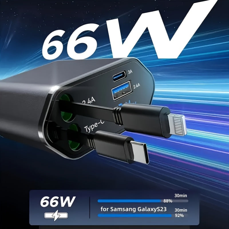 4-in-1-Autoladegerät mit 180°-Drehstecker | Unterstützt PD, QC3.0, USB und Typ-C, kompatibel mit iPhone 15/14/13 und Samsung Galaxy, Betriebsspannung ≤ 36 V, ohne Batterie, geeignet für die Verwendung im Auto