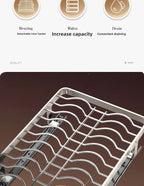 Ausziehbarer Geschirrständer, versenkbarer Abtropfkorb für Geschirr, Tassen und Gläser. Hergestellt aus rostfreiem Kohlenstoffstahl mit verstellbarer Abtropfschale. Ideal zur Aufbewahrung von Geschirr, ein unverzichtbares Küchenutensil.