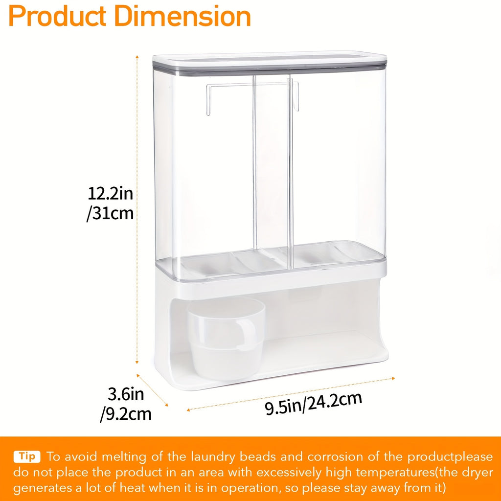 Wandmontierter DIY-Waschmittelspender – Transparenter Behälter mit zwei Kammern, geeignet für Duftperlen, Fleckenentferner und Tierfutter – Platzsparende, hochwertige Kunststoff-Aufbewahrungsbox, einfache Montage, für moderne Waschküchen