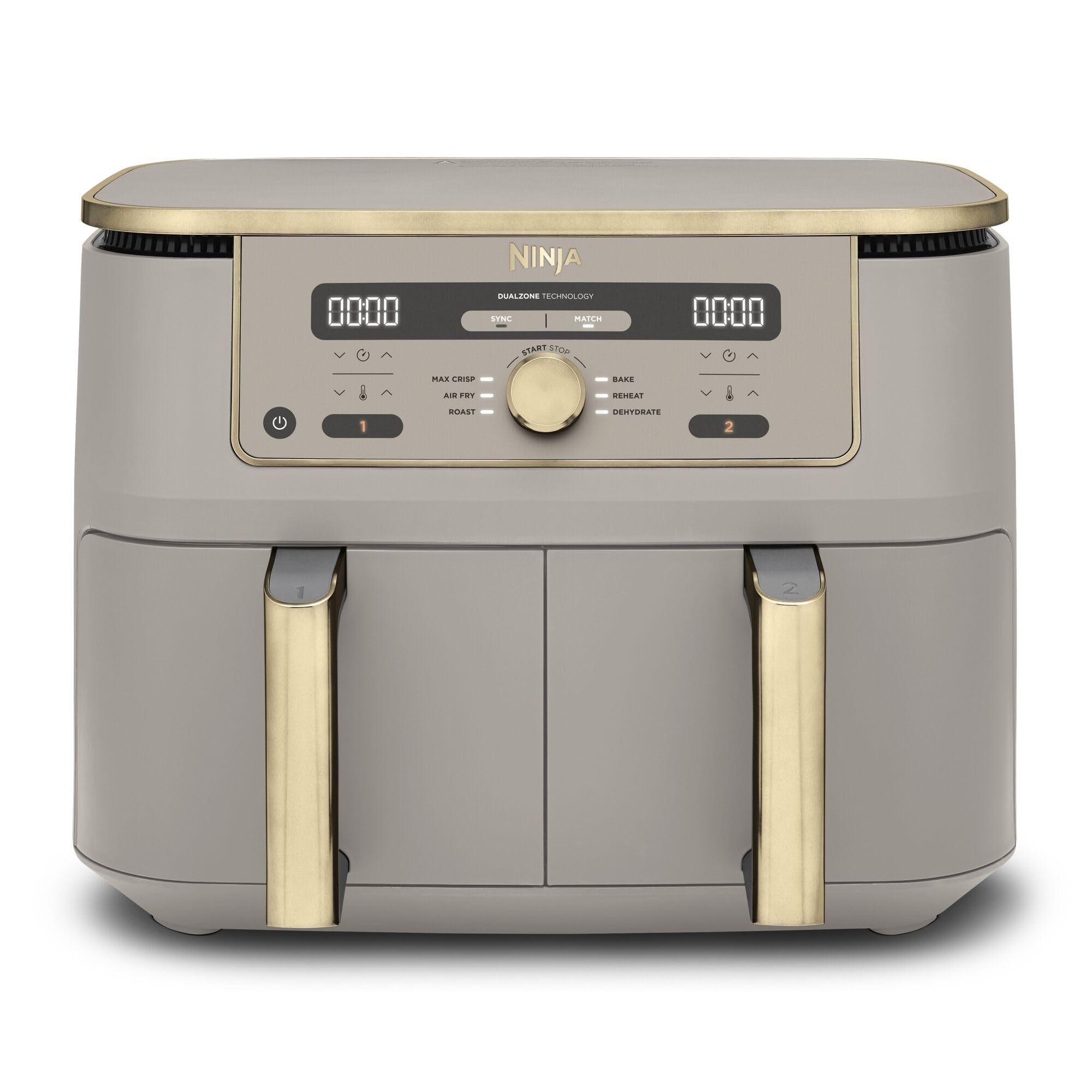 Ninja Dual Zone Digital Air Fryer, 2 Schubladen, 6-in-1, Heißluftfritteuse, 9,5 l, Heißluftfritteuse, Max Crisp, Braten, Backen, Aufwärmen, spülmaschinenfeste Körbe, Stein/Gold DZ400EUSTGD